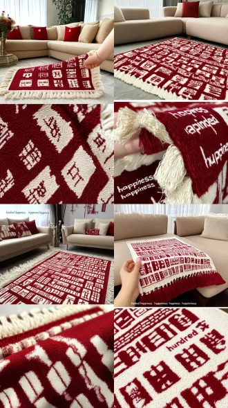 请生成一张真实商业产品摄影风格的家居场景图，9:16竖屏构图。 画面主体是一条婚庆百囍毯，必须严格参考上传的真实商品整图与局部近景图： 红白相间的规则棋盘格设计， 每个格子内是不同字体与不同书写形式的红色囍字， 四角带有流苏， 边缘、图案、格纹比例、囍字结构与参考商品一致。 材质必须是带羊毛绒质感的簇绒面料， 具有明显的立体肌理感、纤维感和轻微颗粒感， 不是普通毛绒玩具绒，也不是法兰绒、珊瑚绒、羊羔绒或顺滑短毛绒。 整体观感更接近有纹理感的簇绒织物，而不是普通毛绒毯。 图案边缘具有自然绒感起伏，表面不平整、不顺滑。 场景为现代年轻人审美的新婚家居环境： 米白色沙发、浅木色家具、暖色自然光， 背景有少量精致的新婚红色装饰， 整体温暖、明亮、干净、精致。 毯子自然搭在米白色沙发上，完整展示主要图案和部分流苏。 可以有一只年轻女性的手自然地轻轻搭在毯角边缘， 手部干净自然，指甲简洁，不喧宾夺主。 画面真实、高级、细节清晰， 商品是绝对主体， 不能出现人物面部和身体， 不能出现额外文字、水印或夸张特效。 统一约束要求： 1. 必须严格参考上传的真实商品整图与局部近景图，还原同一条百囍毯。 2. 保持红白棋盘格比例、囍字字体结构、图案排列、边缘和四角流苏一致。 3. 材质必须是带羊毛绒质感的簇绒面料，具有明显的立体肌理感、纤维感和轻微颗粒感。 4. 面料不是普通毛绒玩具绒，也不是法兰绒、珊瑚绒、羊羔绒、长毛绒、平滑短毛绒。 5. 表面应呈现有纹理的绒面结构，而不是平整顺滑的布料。 6. 禁止改变商品图案、颜色、材质、流苏数量和尺寸比例。 7. 不出现人物面部和身体，仅允许少量女性手部入镜。 8. 手部必须自然真实，不能出现多余手指、穿模或畸形。 9. 场景统一为年轻化、精致、温暖的现代奶油风家居环境，配少量新婚装饰。 10. 商品必须是绝对主体，真实商业产品广告质感。 11. 如果复杂动作导致商品失真，应优先简化动作，保证商品准确还原。请一定参考图片，图片参考优先，提示词其次