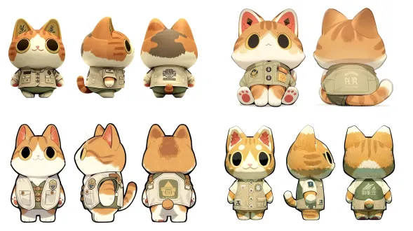 a cute chinese campus cat ip character, chinese domestic cat, orange and white fur with earthy brown patches, wearing a khaki/off-white work vest apron. on the upper left chest of the vest, a small embroidered school emblem badge of guangdong polytechnic of science and trade. the vest is otherwise clean and minimal, no other badges or patches. on the back of the vest, chinese characters embroidered "砺志修德 强能善技" in a stone-carved font style. four buttons engraved with chinese characters "仁 义 勇 容". the cat has double-diamond pupils: upper diamond shaped like a rice seedling, lower diamond shaped like a cargo box. ear outline subtly resembles a school emblem arc. paw pads are vermilion red. tail tip slightly pixelated. color palette: vermilion red, grass green, lime white, soil brown. style: 3d cartoon, blind box toy, c4d, octane render, soft lighting, white background, character design sheet, three views, front side back, high detail, cute, mascot, guangdong polytechnic of science and trade campus culture.