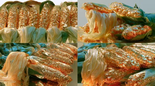 玉米棒完整垂直线构图，籽粒饱满黄澄澄排列整齐，自然植物光泽，浅黄柔软玉米须垂落，青绿苞叶纹理清晰，微距镜头，柔光，暖黄青绿配色，洁净鲜活。