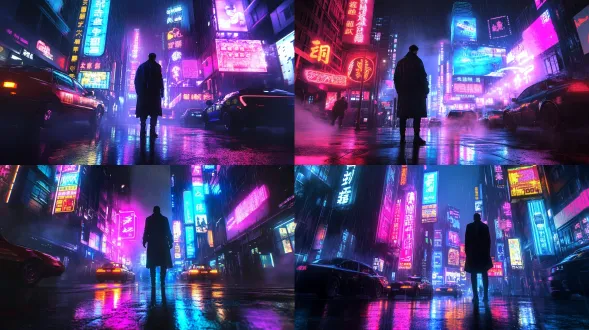 stable diffusioncyberpunk city street at night, drowning in neon lights, electric blue magenta and pink high saturation lighting, wet asphalt reflecting holographic billboards, cinematic lighting, volumetric light through rain and fog, strong teal and orange color contrast, a lone figure in black trench coat standing center frame, giant japanese/chinese neon signs in background, flying car light trails, smoke haze, ultra wide angle, shallow depth of field, film grain, 8k, hyper realistic, cinematic composition