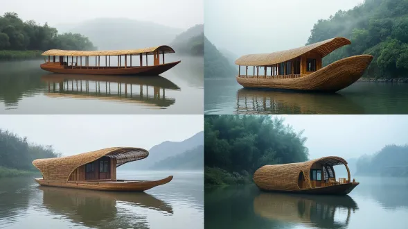 a 10-meter-long, 3-meter-wide tourist boat for 10 passengers, floating on the fuchun river near yan ziling fishing terrace in tonglu, china. the boat has a low, slender hull with gently upturned bow and stern — clearly a boat, not a building. no house-like structure, no roof ridge, no eaves, no walls. a single continuous curved bamboo-woven canopy stretches over the boat like a stretched mat, arching softly from front to back, its edges curving down and tucking inside the hull without overhanging. the canopy is made of simulated bamboo weaving, natural straw and reed texture, warm earthy tones. the hull sides are low, with open, airy railings made of thin bamboo poles, allowing clear views of the water and distant hills. subtle decorative details: small copper nail patterns like those on traditional chinese steelyard scales, and faint openwork calligraphy fragments inspired by cliff inscriptions. the overall silhouette is spindle-shaped or leaf-shaped, calm and understated, blending into the misty jiangnan landscape. soft morning light, ink-wash painting atmosphere, realistic rendering, natural materials, handcrafted feel, quiet and reclusive mood.
