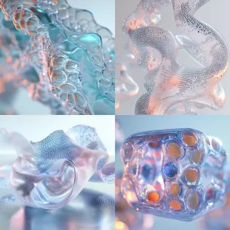 3d 渲染，四层膜结构，透明轻薄膜材质，类似玻璃薄膜与水凝胶膜结合，带折射和柔和高光。第一层快速释放层最薄，透明外膜；第二层溶胀延缓层和第四层黏附屏障层呈上下包裹姿态，体积明显大于第三层；第三层微晶缓释层在中心，尺寸明显更小，由微晶颗粒组成，像储库芯，被第二层和第四层包夹，嵌芯结构清晰。第二层和第四层像两层柔软透明膜从上下合拢包裹中心小芯。整体通透、轻盈、有膜感，不是实心块。浅色渐变背景，柔和打光，c4d，octane 渲染，高折射，透明材质，科研美学，8k，超精细。