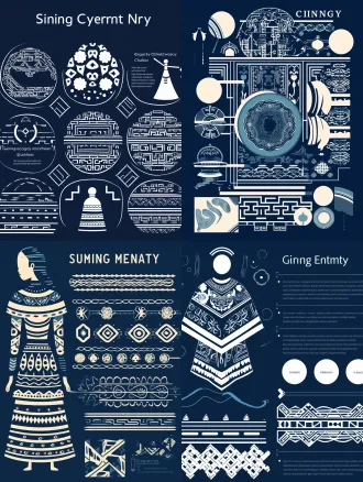 文化语境层（确定文化基调）：miao ethnic batik pattern style, guizhou traditional minority culture, indigo blue and white color scheme, culturally respectful 视觉描述层（描述具体视觉内容）：geometric decorative border, symmetric composition, clean vector style, flat design, minimal ornamentation 技术控制层（控制技术参数）：