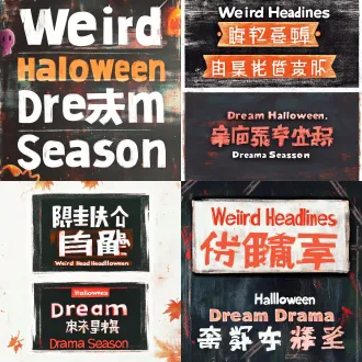 文字设计，两行中文，上方大字 “搞怪头条”，下方字号略小文字 “万圣童梦戏剧季”，粉笔手绘粗装饰字体，米白色粉笔质感，笔画边缘粗糙破碎，粉笔飞白掉粉肌理，斑驳磨损颗粒效果，没有光滑矢量轮廓，随性搞怪手写感，粉笔半覆盖质感，背景可以微微透出，醒目标题字体，干净透明背景，无多余物体，无阴影，非 3d，