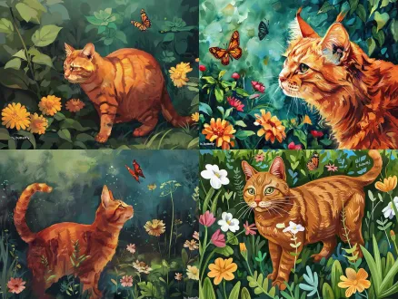 picture: an orange cat standing in a garden with flowers) this is a cat. the cat is orange. the cat sees a butterfly. "hi, butterfly!"