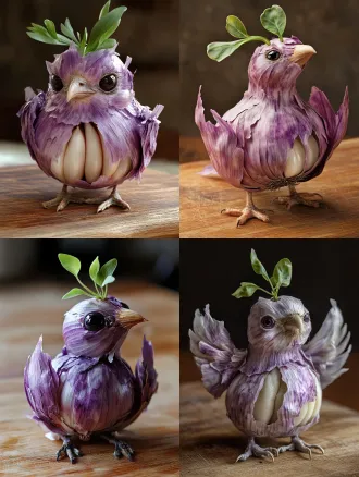 macro photography of a fantasy bird made of garlic crouching on a wooden cutting board. body is a whole purple garlic bulb with bulging cloves like armor; wings are two translucent peeled garlic cloves with pale purple edges; head is a single garlic clove topped with a tender green sprout as a crest. tilting head, innocent black bean eyes. warm kitchen light, shallow depth of field, realistic fantasy, ultra detailed