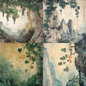 竖版3:4，国风厚涂，敦煌壁画质感，幽深古山谷涧，蔓延葛藤，萋萋葛叶，青绿铺谷，淡雾朦胧，远山隐现，矿物叠染，石绿石青赭石，粗粝肌理，龟裂纹斑驳，低饱和古雅，漫射晨光，篆隶题跋，小楷诗句，朱红印章，静谧悠远，诗经诗意，超高细节。