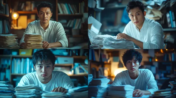 photorealistic movie still, 27-year-old chinese male, phd student studying physics in america, lean face, calm and introverted temperament, slight tired look on face, visible skin pores and faint fine lines, no airbrushing. wearing simple white long-sleeve shirt, natural fabric folds, slightly loose collar. half body shot, he is sorting stacks of paper documents, realistic hand anatomy and vein details. dim dystopian bedroom, cool blue rim light from window, soft warm glow from laptop screen, natural soft shadow. shot on arri alexa 65, 85mm lens f2.8, kodak 5219 film, subtle film grain, slight lens haze. no plastic skin, no cgi, no cartoon