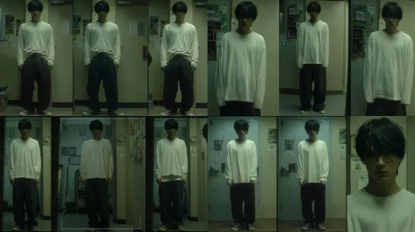 photorealistic movie character turnaround sheet, single horizontal panel, three full-body views of the same 27-year-old east asian man, front view, strict 90-degree side profile view, back view. head-to-toe full body, entire body inside frame, standing relaxed, arms hanging naturally at sides. keep the exact same facial features, same messy short black bang hairstyle, clean-shaven, serious restrained expression, plain white long-sleeve shirt, dark loose casual trousers, simple canvas shoes. three panels separated by thin solid white dividing lines. uniform soft studio lighting. plain seamless neutral gray background, no room, no furniture, no extra items. natural skin pores, subtle 35mm film grain, realistic cinematic texture, no over-sharpening. official character reference sheet for ai video. no close-up, no bust shot, no cropped limbs, no different faces. 负面：close-up, bust shot, upper body only, cropped legs, cut-off feet, partial body, multiple different people, inconsistent facial features, room, wall, furniture, posters, text, watermark, logo, anime, illustration, painting, deformed limbs, extra panels