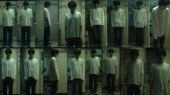 full body character turnaround sheet, single row, three columns, three mandatory views of the same man: front view, strict 90 degree side view, back view. each view must show a different angle, not all front views. head to toe, entire body visible, standing relaxed, arms hanging naturally at sides. same person, same face, same short messy black hair, same white long sleeve shirt, same dark pants, same shoes. thin white lines separating the three columns. plain neutral gray studio background, uniform soft lighting, realistic cinematic texture, subtle film grain. official character reference sheet. no collages, no multiple expressions, no extra poses, no environment. 负面提示词：all front views, same angle, duplicate portraits, multiple front faces, close-up, bust shot, upper body only, cropped legs, cut-off feet, partial body, different people, inconsistent face, different hairstyle, different clothes, room, wall, furniture, posters, text, watermark, logo, anime, illustration, painting, deformed limbs, extra panels