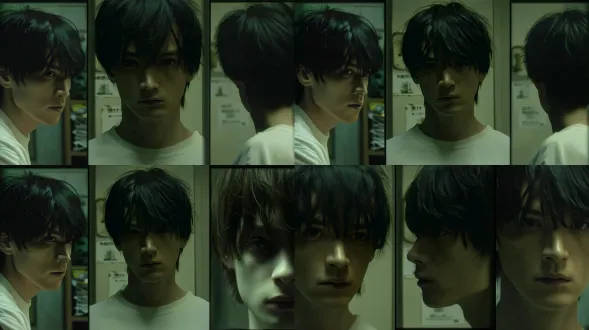keep the existing three-panel character turnaround layout, keep the same man in all three panels, keep front view, side view, back view, keep all compositions, poses, hairstyle, clothing, dividing lines and background unchanged. add subtle realistic facial texture, visible fine pores, minor surface unevenness, slight dark circles, faint natural marks, restrained grittiness. keep muted greenish low-light tone, add subtle 35mm film grain, slightly soften digital sharpness, reduce plastic-like clean look, reduce over-retouched face. natural rough film still quality, do not change identity, do not change angles, do not add new people. 负面提示词：beauty filter, airbrushed, over smoothed, flawless face, perfect surface, porcelain texture, plastic doll look, overly sharpened, overprocessed, hdr, heavy retouching, new people, different faces, changed pose, changed angle, extra panels, text, watermark, logo