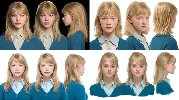 character sheet of the same young caucasian female television host, blonde medium-length hair with bangs, soft natural facial features, calm intelligent interview host demeanor. four-view character sheet on pure solid white background: front close-up portrait, full-body front view, full-body side profile view, full-body back view. must be the identical person, facial features perfectly consistent in every panel. she wears a teal blue cardigan over a white collared shirt. ultra photorealistic, cinematic still quality, natural soft diffused lighting, realistic skin texture, subtle film grain, high detail, clean concept art sheet, no environmental background.