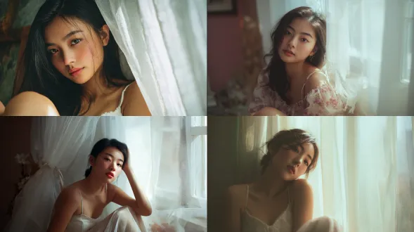 20岁中国女孩，柔和构图，窗边白纱帘旁，低饱和色调，50mm定焦镜头，漫射柔光，放松端坐，细腻真实皮肤，清透质感，恬静青春感