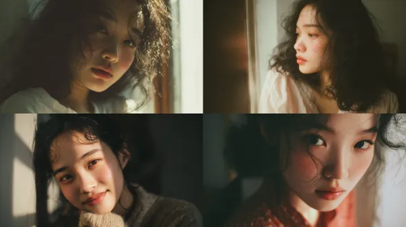 18岁白皙中国少女，清新软萌，微卷中黑发，浅腮红，日常宽松便装，柔和静美，窗边柔光下，50mm f1.8镜头，浅景深，细腻肤感，低饱和柔色调，胶片颗粒，纯净治愈