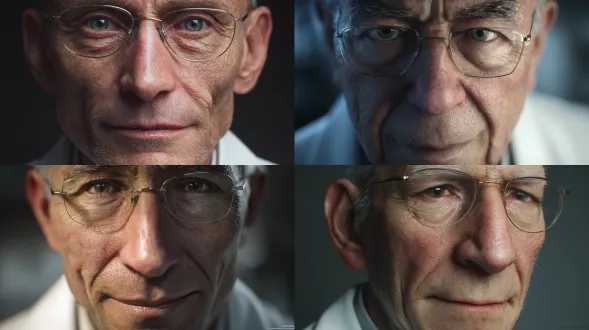 photorealistic portrait, 65-year-old elderly american male scientist, wearing clean white lab coat, thin-rimmed glasses, gentle and deep eyes, subtle wrinkles and skin pores on face, fine facial details, cinematic lighting, realistic skin texture, shot on kodak 5219 film, american drama realistic style, shallow depth of field, soft side light, subtle shadow, medium close-up, ultra-detailed, 8k, sharp focus 负面提示词：cartoon, anime, painting, illustration, deformed, ugly, blurry, oversmoothed skin, plastic skin, extra limbs, distorted face, bright oversaturated colors, cgi render