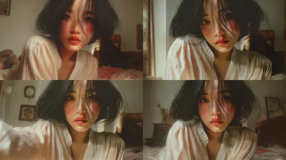 清晨，视线昏暗，欧美电影风格 first-person shot from a man's point of view, male subjective perspective, what he sees in his dream. a 20-year-old young chinese woman, same facial features and short messy black hair as reference picture, wearing this loose textured off-white blouse. she leans forward, resting in front of the camera, quiet bedroom at pre-dawn early morning. soft moderate brightness, not dim nor overexposed, subtle diffused ambient light, cinematic kodak 5219 film texture, realistic interstellar movie style, hyperrealistic, natural skin pores, fine facial details, shallow depth of field, gentle soft shadow, subtle dreamy haze, peaceful expression, ultra-detailed, 8k, sharp focus on her face 负面提示词:cartoon, anime, illustration, cgi render, ugly, deformed, blurry, over-saturated, harsh flash, bright sunlight, plastic skin, distorted face, extra limbs, unrealistic skin, text, watermark