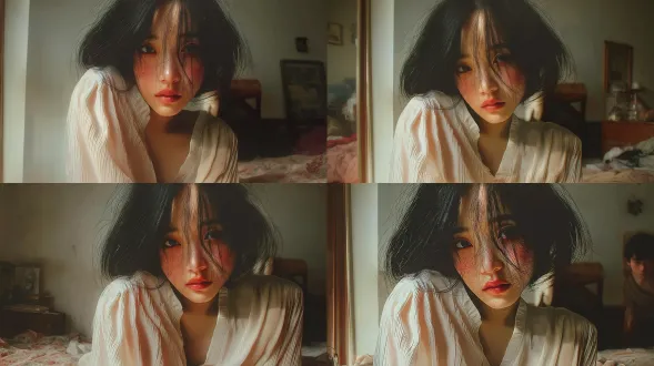 first-person subjective view from a man, the camera is his eyes. he is dreaming of a 20-year-old young chinese woman, same facial features and short messy black hair as reference image, wearing a loose textured off-white blouse. she leans forward gently, positioned close in front of him, but there is an emotional distance between them. the scene takes place in a quiet dim bedroom before dawn, not morning, not sunrise. faint blue-gray light from the window, shadowed walls, messy sheets, dark corners, empty space behind her. moderate low brightness, soft but muted exposure, not bright, not overexposed. cinematic kodak 5219 film texture, realistic science-fiction film style, restrained color grading, subtle film grain, shallow depth of field, soft shadows, natural skin pores, hyperrealistic details, lonely dreamlike atmosphere, quiet tension, she feels like a memory about to disappear. 负面提示词:bright sunny morning, overexposed, high key lighting, romantic glow, glamour beauty shot, fashion photography, cartoon, anime, illustration, cgi, plastic skin, deformed face, blurry face, text, watermark