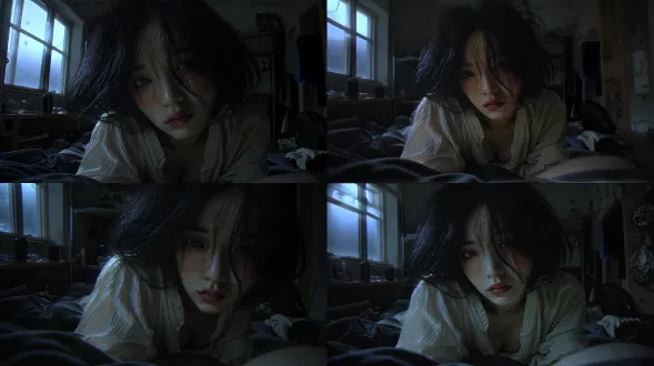 same woman as the reference image, keep her face, features, hair, clothing, age and temperament exactly the same; keep the same dark bedroom, same bed, same low-light environment, cold blue window light, shadow areas and realistic film texture. only change the camera position: the camera moves forward from the original low position and rises upward at the same time, arriving at a closer and higher position. the woman becomes larger in the frame, the camera is slightly higher than the original line of sight, still a close first-person view, the foreground mattress creates strong perspective, and the image has clear spatial depth. the woman remains lying on her stomach, hands supporting the bed, body facing the camera, face close to the lens, expression quiet and restrained. realistic photography, low-saturation dark cinematic image, subtle skin texture, natural hair, shallow depth of field, slight film grain, stable frame, no changes to the character or environment. 负面提示词：changed face, different person, altered hairstyle, different clothes, new environment, bright room, overexposed, distorted body, deformed hands, plastic skin, cartoon, anime, illustration, text, watermark, logo, zooming look, flat composition