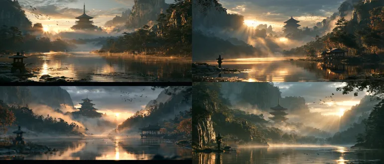 oc渲染器, 世外桃源, 武侠,oriental concept painting, ancient chinese multi‑eaves pagoda half hidden in thick morning mist, canyon valley, mirror‑still lake water with reflection, ancient stone lantern and waterside pavilion by shore, forest trees on mountainside, silhouettes of flying birds, golden crepuscular rays piercing fog, soft diffused morning light, strong atmospheric perspective, ethereal quiet zen atmosphere, desolate wuxia mood, low saturation, ochre and ink‑gray palette, cinematic wide‑screen composition, cinematic depth of field, concept art, 8k ultra‑detailed