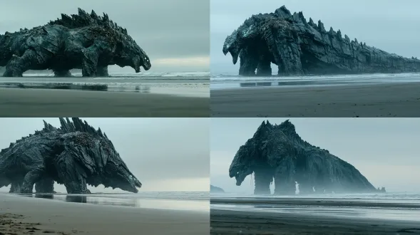 wide cinematic establishing shot of a colossal deep sea leviathan in the far middle distance on an empty beach, extremely wide shot, the creature is small in the frame, occupying only the upper third of the image and standing near the waterline. vast empty wet sand beach stretches across the lower two thirds of the frame, an enormous empty foreground staging area, nothing in the foreground at all, completely open ground, the shoreline runs horizontally across the frame. sea and empty overcast sky behind the creature, its head raised low near the horizon, jaw open mid roar. the creature has heavy layered armor plating, a ridge of jagged bony spines along its back, rough dark grey blue scaled hide, glowing pale cyan eyes, barnacles encrusted on its shoulders, its four thick limbs planted in the shallow water. low camera angle close to the ground, wet sand with subtle reflections and a thin line of foam in the midground, overcast early morning light, flat diffused grey sky, no sun, low saturation cool blue grey color grading, desaturated cinematic look, photorealistic creature design, epic scale and isolation, huge negative space, ultra wide angle 24mm lens