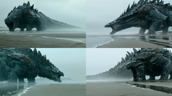 wide cinematic establishing shot on an empty overcast beach, a colossal deep sea leviathan standing side on to the viewer but with its head turned to face the camera directly, its head lowered toward the lens with jaws wide open in a roar. its massive armored body extends back into the distance, a ridge of jagged bony spines receding along its spine, heavy layered armor plating, rough dark grey blue scaled hide, barnacles encrusted on its shoulders and neck, glowing pale cyan eyes looking straight at the camera, four thick limbs planted in the shallow water. the creature occupies the upper third of the frame in the middle distance. vast empty wet sand beach fills the lower two thirds of the frame, a huge open foreground staging area, nothing in the foreground at all, completely empty ground, the shoreline runs horizontally across the frame. low camera angle close to the ground, thin foam line and subtle reflections on the wet sand, faint mist. overcast grey sky, flat diffused morning light, no sun, low saturation cool blue grey color grading, desaturated cinematic look, photorealistic creature design, epic scale and isolation, enormous negative space, ultra wide angle 24mm lens