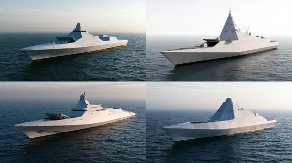 photorealistic naval concept photograph, a 2035 stealth destroyer, medium shot from a low seaborne angle, three-quarter bow view. matte white-grey navy hull with subtle grey panel lines, faceted stealth superstructure and integrated enclosed sensor panels. completely mastless silhouette: smooth rounded sensor dome flush into the deckhouse, no antenna mast, no vertical pole, no flagstaff, no rigging, flat clean roofline. a wide open vertical launch system hatch grid clearly visible on the foredeck, rows of square cell covers, hatches open. completely blank hull sides, no hull number, no pennant number, no insignia, no markings, no text. calm deep-blue sea, soft overcast daylight, light haze at the horizon, 85mm lens, documentary naval photography, crisp detail
