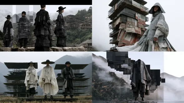 《排山叙・层构》 就是提取排瑶「山居层叠」的空间逻辑，把村寨的层叠、传统服饰的多层穿搭，转化为西装解构设计。