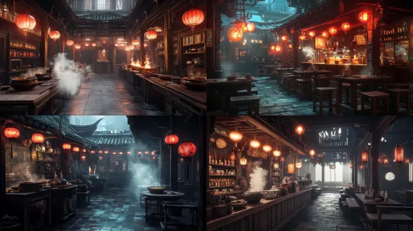 a fantasy ancient chinese noodle shop in a demon city, no humans, no characters, completely empty environment, traditional wooden building with curved roof and upturned eaves, rows of red lanterns glowing warm, mysterious noodle restaurant from a supernatural world, steaming broth rising from clay pots, noodle bowls resting on tables, dark aged wood furniture, shelves of strange medicinal jars and apothecary bottles, bundles of dried herbs hanging from the beams, old weathered kitchen counter, subtle eerie details hidden in the corners, whimsical black comedy atmosphere, ancient chinese fantasy street scene, cinematic realistic cgi, highly detailed environment design, rich tactile textures, warm lantern glow, atmospheric volumetric lighting, movie-level cg scene, unreal engine 5 render, octane render, ray tracing, 8k, extremely detailed, no people, empty scene