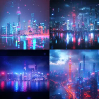 上海城市动漫化宣传片帧，中心构图，赛博国风融合，外滩天际线，霓虹渐变色彩，85mm镜头，漫射光，动态粒子流动，梦幻沉浸，科技感