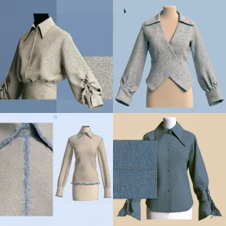 以图1的服装款式为基底，将图2的羊毛面料肌理生成一张服装面料效果图。一件女士羊毛衬衫，正面挂拍或人台展示，背景干净。