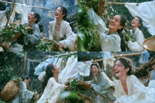 中景 | 雨中晾晒的慌乱 ``` medium shot, two village girls in grey and white hanfu hurriedly collecting dried herbs and bamboo trays from courtyard as sudden rain falls, laughing while running, wet laundry swinging on bamboo poles, dynamic motion blur of rain, lively joyful rural atmosphere, soft grey-blue tones, cinematic realism