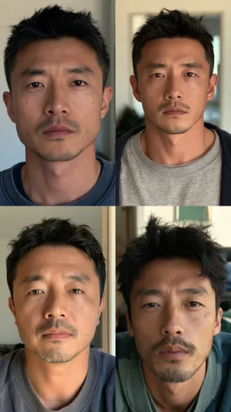 小王 主体描述 30 岁左右都市普通男性，婚恋焦虑人群中的典型普通人，全片核心主角。整体形象偏日常、偏疲态、不精致。 外貌细节 身高约 172–176cm，体型偏瘦，肩背略含，腹部略有赘肉。 肤色偏黄偏暗，气色不均，t 区略油，脸颊有轻微痘印与粗糙感。 发色自然黑，发质偏软，发型普通短碎发，不刻意打理，额角略有后移。 下巴与唇上常有青灰色胡茬，不常剃净。 手部偏瘦，指节明显，指甲修剪普通，不修长。 面部特征 脸型：偏长椭圆脸，颧骨不高，下颌线柔和偏钝。 额头：较宽，发际线略高，额角轻微后移。 眉：眉毛偏淡、偏散，眉尾略微下垂。 眼：单眼皮或内双，眼裂偏窄，眼尾微垂；黑眼圈明显，眼袋浮肿。 鼻：鼻梁中等偏低，鼻头略圆钝，鼻翼不宽。 嘴：唇形偏薄，嘴角自然状态下向下。 整体五官平淡，无攻击性，无立体感，属于“扔进人群不显眼”的长相。 身材气质 体态不挺拔，站立时略含胸，坐姿偏松垮。 整体气质偏疲惫、普通、内敛，无锋利感，无权威感。 服装造型 居家：宽松卫衣、睡裤、家居服，颜色偏灰、深蓝、黑，衣物常皱。 外出：普通休闲外套、t 恤、牛仔裤，颜色偏暗，款式基础。 无配饰，无造型感，整体朴素。