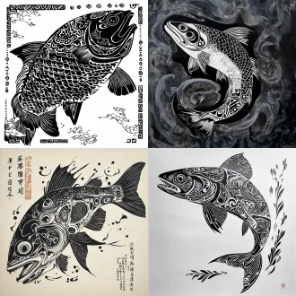 赫哲族鱼皮画风格，一条大马哈鱼，萨满图腾纹样，传统剪纸质感，黑白线条，非遗艺术，精致细节，高清