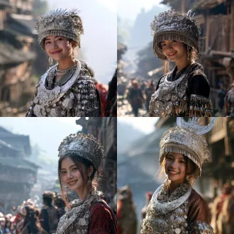苗疆少女，筠心纹样银饰苗服，灵动笑靥，苗寨吊脚楼前，三分法构图，冷调薄雾，85mm定焦镜头，侧逆光，银饰闪辉，轻盈旋舞，神秘灵动。