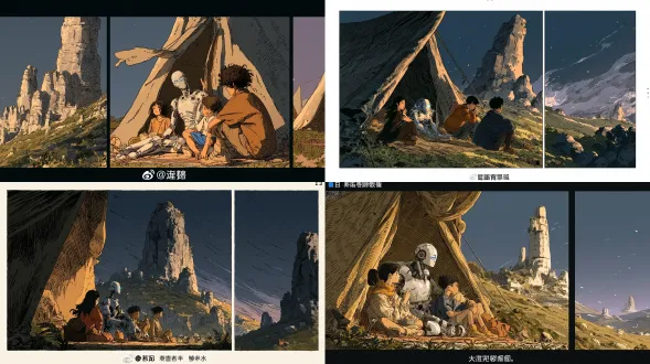 moebius莫比乌斯奇幻漫画，2d手绘，粗黑轮廓，平涂色彩，排线阴影，复古印刷网点颗粒。简陋狭小营地帐篷内部，少女阿月、银色伤痕机械人零、少年小磊、虚弱青年阿杰围坐地面毡垫上。阿杰刚刚喝下半碗泉水，面色稍有缓和。银色机械人零坐在一旁，淡蓝色机械眼微光闪烁。帐篷帘布被狂风向外吹得晃动，预示外部风暴即将到来。帐篷内部光线柔和昏暗，依靠星尘微光照明。前景围坐四人，透过帐篷布缝隙可以窥见外面狂风，低饱和灰棕紫调，漫画分镜画面，无文字