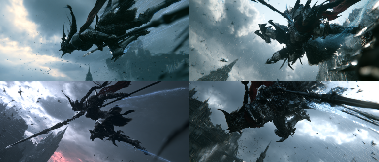 extreme long shot, worm's eye view from the ground, diagonal composition, deep perspective, subject silhouette against the open sky, a dragoon knight, tall and broad-shouldered, silver full plate with dragon-crest pauldrons, horned visored helm, a long dark braid streaming upward, crimson scarf snapping in the fall, dragon-scale cuirass with worn silver plating, fur-lined half-cape, clawed greaves, a dark metal spear with a crystal tip, mid-air plunge, body falling backwards into a downward strike, spear pointed straight at the lens, one leg tucked, cape and scarf dragged against the wind, storm-lit clouds above a cliff fortress, rain squalls crossing the canyon, startled birds scattering below, a wet stone spire far beneath him, vertical air pressure bending the scarf, condensation trails whipping off the spear tip, faint blue dragoon aura gathering along the limbs, water droplets streaking past the camera, backlight from behind the storm clouds, cold grey sky with a crimson accent, lumen global illumination, motion-consistent blur, unrealengine5 real-time render, nanite detailed geometry, lumen global illumination, realistic pbr textures, high-budget japanese rpg cinematic cg aesthetic, film grain, chromatic aberration, subtle lens bloom, atmospheric depth, game cinematic screenshot