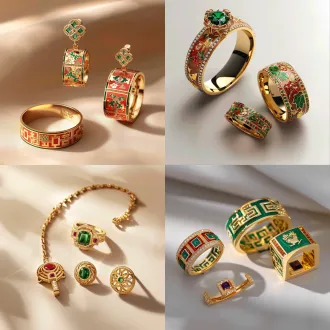 a cohesive set of three high-end oriental wedding cultural jewelry pieces, including one ring, one pair of earrings, and one pendant necklace, inspired by chinese double happiness culture. the design incorporates five core elements: the hidden visual language of the double happiness symbol, the hosta leaf / forget-me-not grass motif, dragon and phoenix patterns, ruyi patterns, and annual ring textures. the collection uses noble metal combined with colored gemstones, or agarwood combined with noble metal. the color palette is limited to no more than three colors across the whole series, such as warm gold, dark brown agarwood, and emerald green or ruby red. the precious metal shows fine polished highlights, brushed texture, clear edges, and a luxurious customized jewelry finish. the ring, earrings, and necklace share a unified structural vocabulary and are clearly related as one collection. accurate perspective, correct jewelry structure, reasonable settings, joints, metal frames, stone prongs, earring posts, and necklace bails. high-end jewelry design rendering, clean light background, detailed product presentation, realistic proportional structure, subtle oriental elegance