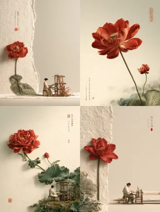 蜀锦朱砂红芙蓉花居左，草浆纸底撕纸拼贴，微缩织工坐花楼机旁，新中式极简，微距镜头，漫射柔光，8k超高清，低饱和暖调，竖排非遗文字排版，温润宁静
