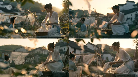 a photoreal cinematic still of an ancient-style pastoral waterside scene, 16:9 widescreen framing. early-summer dawn at a village stream in the jiangnan water country, thin mist and hanging moisture in the air. real filmic texture, kodak portra 400 daylight-warm tonality, low saturation, shadows clean and detailed, highlights wrapped in a soft warm film halation, an overall delicate gradation of warm gold, pale cyan and blush pink. skin keeps real pores and texture — not retouched, not beautified, no makeup look. clear air, shallow depth of field. low golden sunlight enters from behind the right of frame, close to the horizon, rimming hair and gauzy cloth with a bright golden edge and a gentle warm bloom on the highlights; soft ambient bounce fills the faces from the front left with an extremely gradual light-shadow transition. fine golden particles hang in the air (moisture and grass fluff in the morning mist), glinting like floating dust in the backlight. a single-direction breeze: loose strands, hem of the gauzy top and the cloths on the drying rack all drift the same way. centre-right of frame (golden-ratio position): a-yuan, an 18-year-old girl, kneels on one knee on the grey stone steps in a moon-white cross-collar cotton-linen top (slightly sheer, sleeves rolled to mid-forearm), a moon-white long skirt and a pale-blue cloth sash, black hair in a round bun with a few wind-lifted strands; she lifts a length of white cloth from a wooden basin and wrings it, a string of water droplets slipping off the cloth edge and shattering into small golden points in the backlight; she faces the front-left of frame, a relaxed half-awake smile on her profile, bright round eyes, a few small light-brown freckles on her cheekbones. left of frame: a-zhi, a 17-year-old girl, sits on a lower step wringing out cloth in a duck-egg-blue cross-collar top and cream long skirt, black hair in a high bun with a plain wooden pin, seen only in profile, one wind-blown strand at her cheek. three depth layers: foreground — large out-of-focus green leaves and defocused light spots along the left and right edges; middle ground — the stone steps, the wooden basin and the two figures; background — a bamboo rack with pale cloths, white-walled black-tiled houses, one thread of chimney smoke tilted by the wind, and pale blue-green hills beyond; the sky occupies roughly the upper two-fifths, glowing with soft dawn light. 35mm cinematic lens, wide aperture, camera about 40 cm above the water, roughly level with the steps, slight handheld breathing feel. water reflections and the distant smoke melt into round bokeh discs. clean frame: no text, subtitles, watermark, logo, modern buildings, power poles, plastic, cg effects, anime look, flat lighting, hard shadows, or harsh contrast. spatial lock (must not flip): a-yuan stays centre-right, facing front-left; a-zhi stays left; smoke, houses and rack stay in the upper depth; sunlight stays behind-right; the camera never moves behind th
