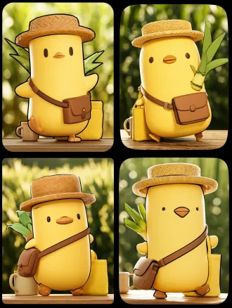 a commercial 3d product photography shot of a cute chubby yellow duck character wearing a woven straw hat and carrying a brown satchel, with green sugarcane leaves sticking out from its back. the character is made of high-end matte pvc resin material, completely avoiding cheap glossy plastic. it is posed dynamically, leaning against a real ceramic mug and a yellow canvas tote bag on a wooden desk. in the background is a heavily blurred, sunny sugarcane field with beautiful bokeh. cinematic studio lighting, softbox lighting, ambient occlusion (ao) with soft realistic contact shadows, shallow depth of field, macro lens. octane render, c4d style, pixar animation style, ultra-realistic, 8k resolution, premium blind box toy packaging aesthetic, vibrant yellow and fresh green color palette.