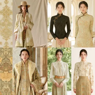 保留图一主体原有颜色与结构，仅替换衣服为图二暗纹纹样，居中构图，高保真，原场景不变，中焦镜头，柔和自然光，细节清晰，质感统一。