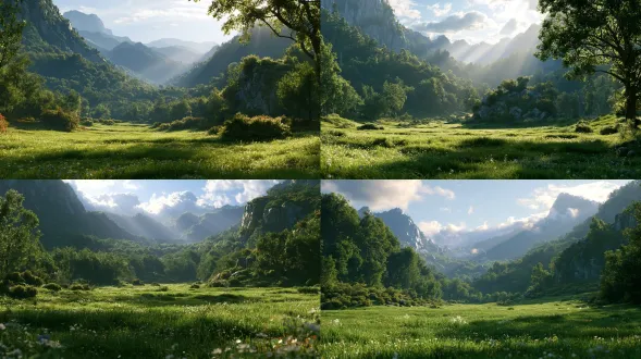 青云山脚下全景，翠绿草地野花，层叠树林，远处山石灌木丛，下午三点，斑驳丁达尔光束，微风拂草，古风3d，虚幻5，电影级cg，超写实，宽荧幕，高分辨率，宁静祥和