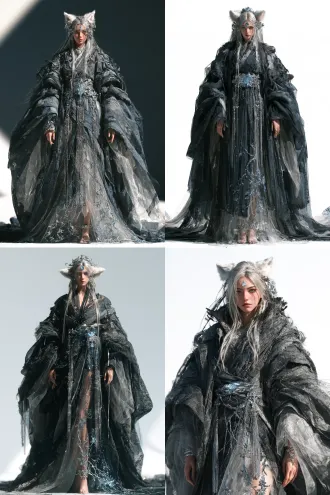 imagine prompt: a stunning fantasy female character, 1girl, solo, full body shot, front view, perfectly symmetrical composition. silver-white long hair, fluffy white fox ears, pale ice-blue eyes, cold expression, ice-blue gem on forehead, intricate silver hair ornaments, porcelain skin. wearing an extremely ornate dark gray and black layered hanfu, large flowing wide sleeves, semi-transparent tulle overlays, silver and ice-blue crystal waist belt with long dangling silver chains and tassels, silver-blue floral vine embroidery on translucent skirt, delicate crystal anklets. standing straight, arms naturally resting at sides. pure white background, studio lighting, soft diffused light, rim light, translucent fabric texture, highly detailed, 8k resolution, 3d cg render, game character concept art, xianxia fantasy style, ethereal atmosphere, unreal engine 5, octane render, cold color palette