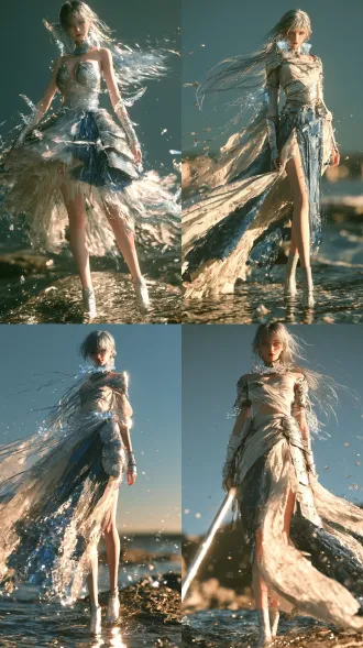 full-body character design of a young girl with long silver-blue hair flowing in the sea breeze, pale cold-white skin, clear deep-sea blue eyes, delicate cold expression, wearing a layered battle dress of sea-salt white and deep ocean blue, alternating sheer fabric layers and rigid skirt-armor panels, silver hard armor pieces on shoulders chest waist and wrists engraved with wave patterns, transparent tidal crystal ornaments in hair collar and waist with flowing inner water light, slender upright figure, light silver boots, standing on a shallow-water reef, rippling glinting water at her feet, floating water droplets and tiny crystal shards, cool teal atmosphere with warm orange sunset rim light, front view, centered, hyperrealistic 3d chinese donghua style, cinematic cg render, unreal engine 5, octane render, 85mm lens, t1.8, arri master primes look, fine film grain, high contrast, painterly texture, ethereal atmosphere