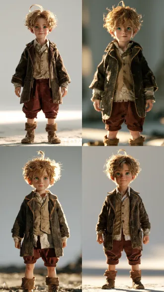 full-body front-view character portrait of young rudeus greyrat from mushoku tensei, as he appears during the demon continent journey when first meeting orsted at the red dragon's jaw, small seven-year-old boy with a childlike slender build, fluffy light golden-brown messy hair with one signature ahoge strand sticking up, large bright emerald green eyes, soft round childlike face, gentle calm slight smile; wearing a dark brown waist-length jacket with thin gold piping along the collar and lapels, beige khaki buttoned vest and white shirt underneath with a slightly open collar, wine-red knee-length shorts with cuffed hems, brown cuffed ankle boots; no staff, no wand, no weapon, both arms hanging naturally at his sides, palms facing inward, standing at attention, body and face perfectly square to camera, centered symmetrical composition, full head-to-toe figure with headroom above, faint grounded contact shadow beneath his feet; pure white seamless studio cyclorama background; cinematic top-tier cgi, unreal engine 5 render, octane render, pbr materials, detailed fabric weave and hair strands, realistic childlike skin with soft subsurface scattering; shot on 85mm lens at t1.8, arri master primes, shallow depth of field, fine film grain, natural 24fps motion blur, soft high-key key light from front, crisp warm-gold rim light outlining hair, collar and shoulders, high contrast, painterly texture, ethereal atmosphere, cold white silver grey and pale gold palette with subtle teal undertone in shadows