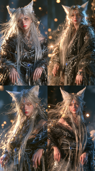 medium full shot of a silver-haired fox-eared young woman standing still, facing camera, long windblown straight silver hair, pointed white fur fox ears, tiny blue teardrop mark between brows, layered black gauze robe with silver vine embroidery, silver chain belt set with a blue sapphire buckle and hanging tassels, hands relaxed at her sides, thin cold mist around her. warm peachy translucent skin, soft subsurface scattering on nose tip and cheekbones, dewy satin finish, fine peach fuzz, natural pink blush, subtle gold glitter dust scattered under both eyes like stardust freckles. sharp crisp focus on the face, ultra-detailed stylized anime features, pale ice-blue eyes with wet amber reflections, long dark curled lashes, glossy gradient pink lips, calm serene expression. warm golden side key light, soft golden rim light outlining every hair strand and shoulder edge, floating warm-gold bokeh orbs drifting in the mist, soft starburst lens flare on highlights, gentle volumetric haze. honey-gold highlights against cool blue-teal shadows, cinematic color grading, rich contrast, dark blurred misty background. glossy wet-look individual hair strands, shimmering black gauze with foil-like sheen, polished silver chains catching light, iridescent fabric highlights on sleeves. 85mm lens, shallow depth of field, eye-level angle, sharpest point of focus on the eyes, soft film grain. semi-realistic 3d anime game cg, stylized beautiful facial proportions, premium fantasy character render, not photoreal, not live-action human