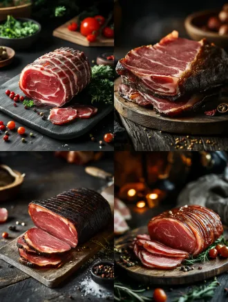 生成产品底图/氛围图参考： 冕宁火腿，整腿，红润肉质，非遗农产品，中式传统风格，暗调光影，高端摄影，高细节，产品特写，a3排版背景