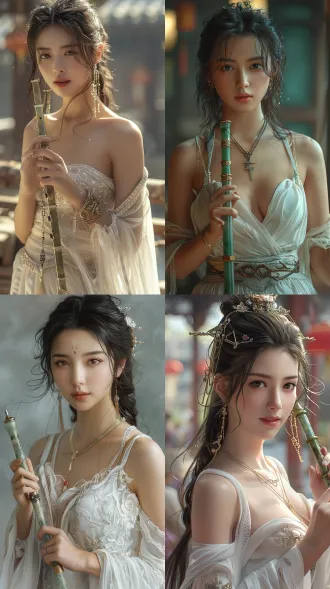给我生成一个很好看的美女，中国美女，玄幻修仙风格，18岁，身穿白色衣裙，手握一根翠绿色玉笛子，全身，站立，双手自然垂下，超写实，8k，