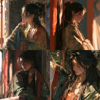 一个中国女孩，长发，传统服装，皮肤光滑，画面丰富，国风，光线明亮，动漫，impasto