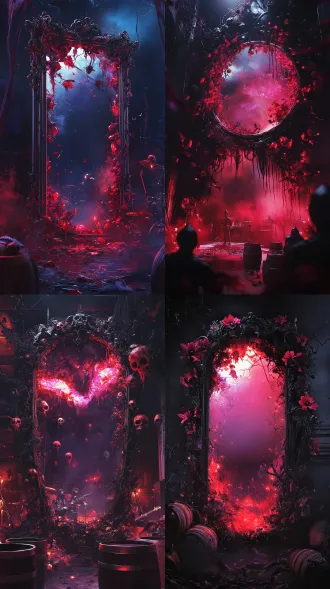premium halloween craft beer bar poster. a gigantic shattered gothic mirror dominates the center of the composition, occupying most of the scene. the mirror opens into a surreal dark parallel world with glowing crimson and purple energy. hundreds of floating mirror fragments surround the space. the mirror frame is covered with black and deep red mutant flowers. large realistic eyes are hidden inside the petals. twisted vines spread from the mirror into the venue. beer barrels are partially overgrown with alien flowers and vines. dark fantasy installation art aesthetic. the mirror portal and halloween installation are the absolute focus. at the bottom of the poster, a very small live rock band performs on a stage. singer, guitarist, bassist and drummer appear only as silhouettes and occupy less than 10 percent of the image. they are partially hidden by smoke and lighting, serving only as atmosphere elements. deep red lighting, dark purple glow, dramatic spotlight beams, stage haze, cinematic movie poster composition, luxury nightlife aesthetic, premium craft beer branding, photorealistic, ultra detailed, high contrast, immersive experience. no large people. no fashion model. no portrait. no close-up character. no audience crowd. no band in center. mirror installation is the hero. typography: 镜界失控 mirror unbound halloween party dj set · live band · craft beer the brewery 10.31